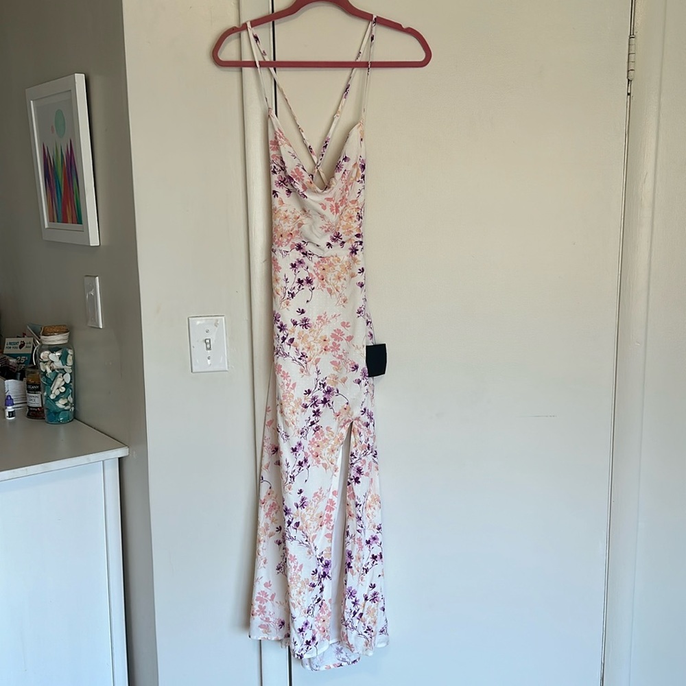 Lulu's Floral Maxi Dress in Cream with Pink and Purple Accents